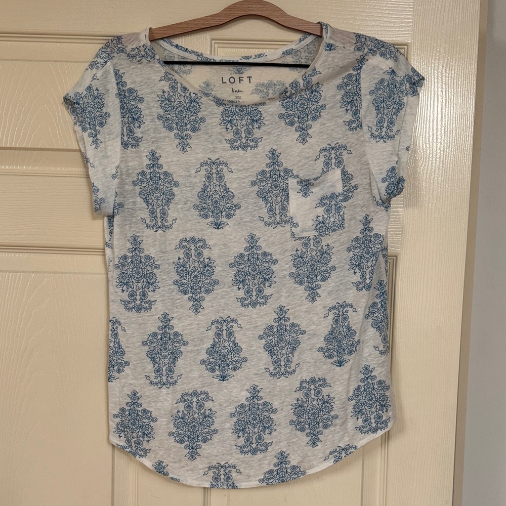 LOFT White and Blue Damask Print Tee